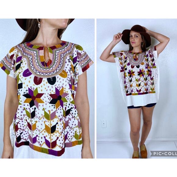 vintage 70s Cream EMBROIDERED STAR Mexican TOP os earth tone boho hippie Oaxacan - Picture 1 of 10